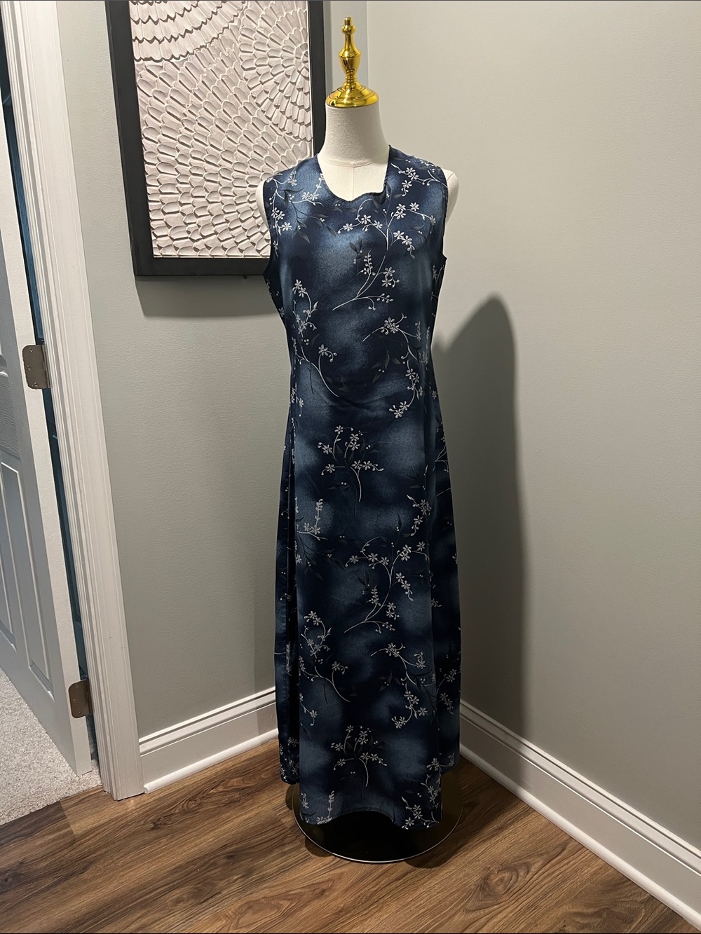 Sleeveless Navy Floral A-Line Maxi Dress